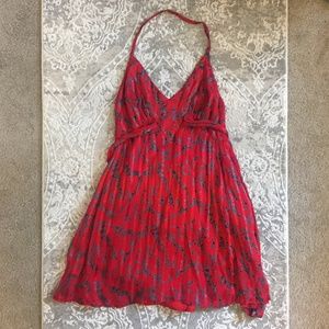 Anthro Maple Red Pleated Open Back Halter Dress